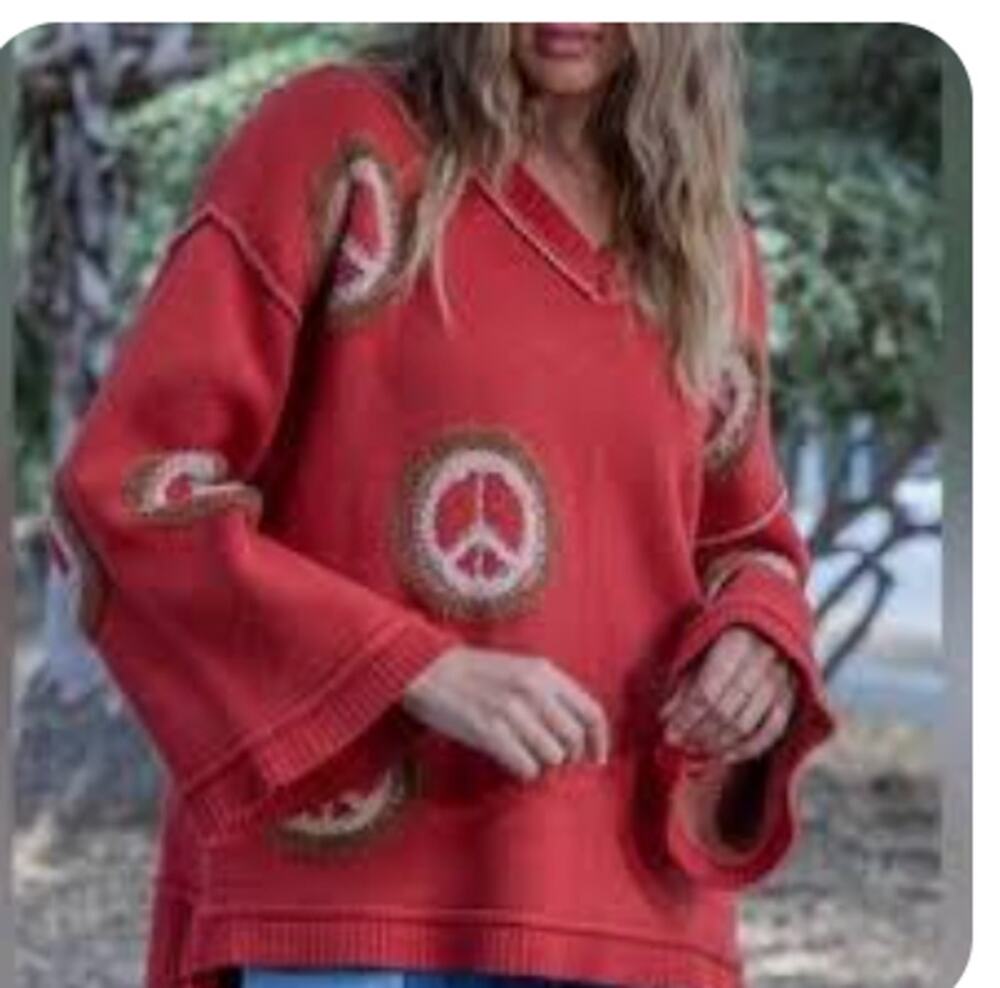Blue Velvet Womens S Brick Orange Oversized Fuzzy Peace Knit Sweater Boho